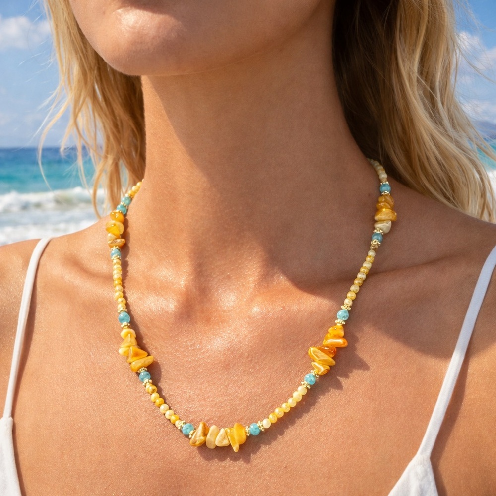 Amber and Amazonite Mixed Gemstone Necklace | Style #9